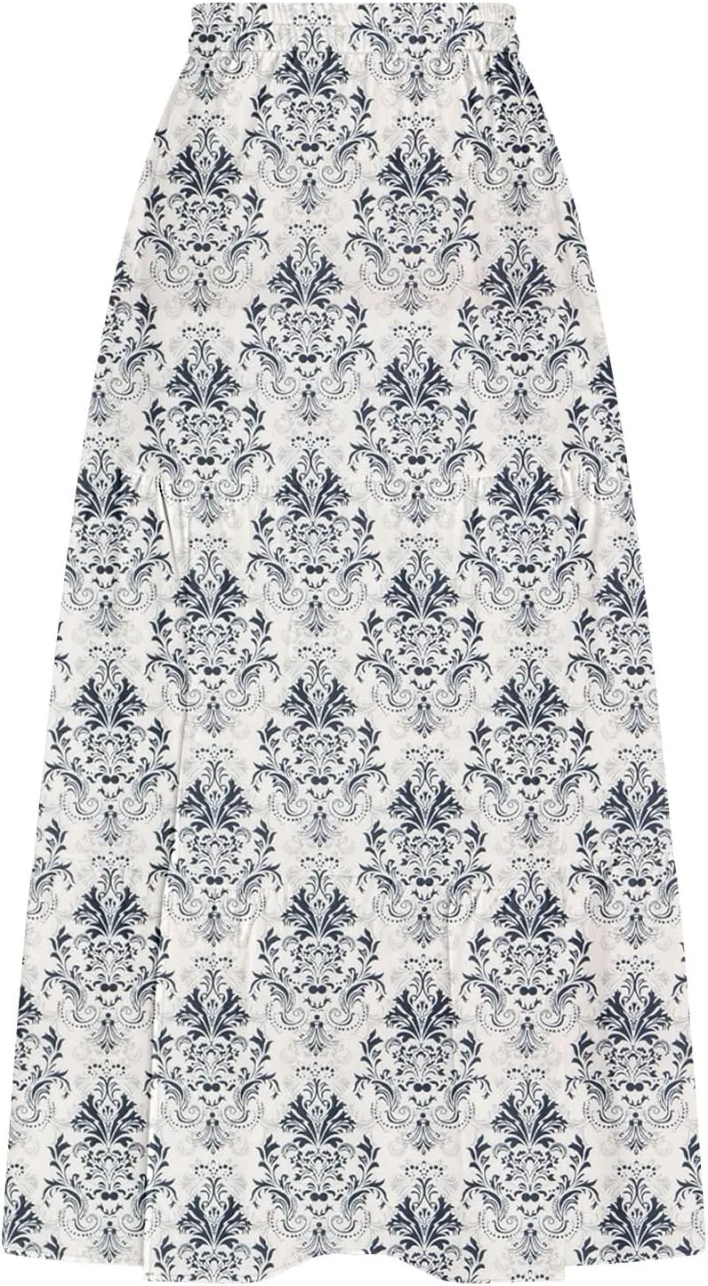 Women's Boho Floral Maxi Skirts Summer Elastic High Waist Flowy A-Line Skirts Split Side Vacation Beach Long Skirt