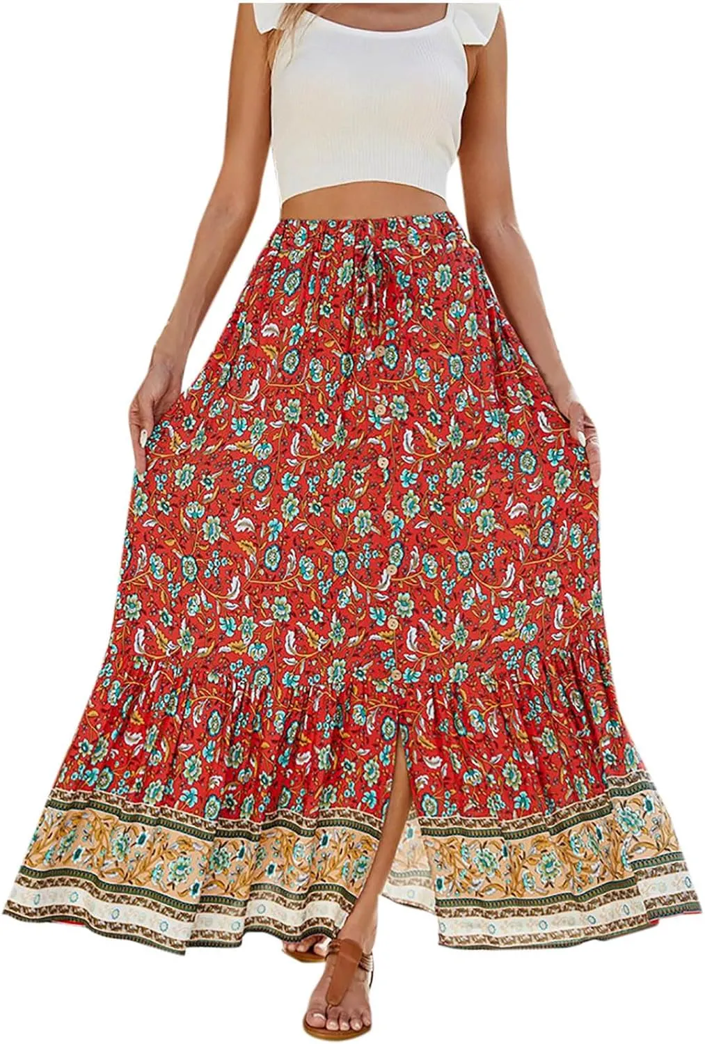 Women's Boho Long Maxi Skirt Trendy Flowy Elastic High Waist Casual Summer Beach Swing A-line Cotton Floral Skirts