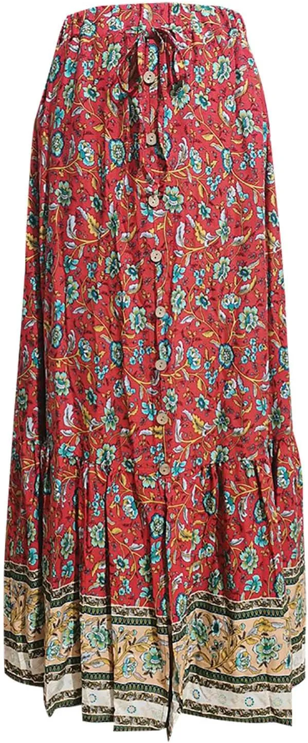 Women's Boho Long Maxi Skirt Trendy Flowy Elastic High Waist Casual Summer Beach Swing A-line Cotton Floral Skirts