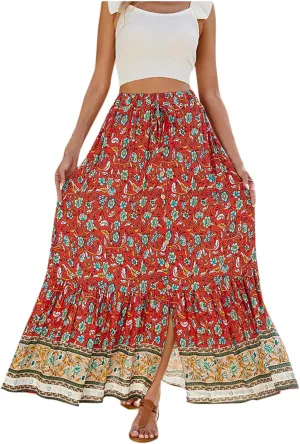 Women's Boho Long Maxi Skirt Trendy Flowy Elastic High Waist Casual Summer Beach Swing A-line Cotton Floral Skirts