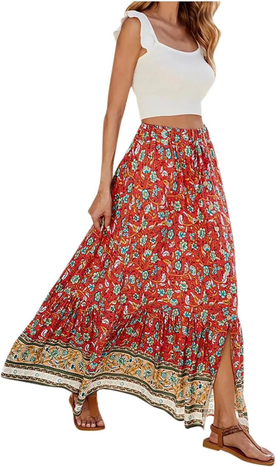 Women's Boho Long Maxi Skirt Trendy Flowy Elastic High Waist Casual Summer Beach Swing A-line Cotton Floral Skirts
