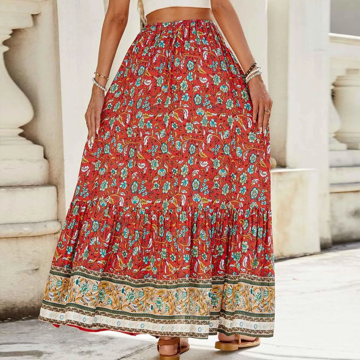 Women's Boho Long Maxi Skirt Trendy Flowy Elastic High Waist Casual Summer Beach Swing A-line Cotton Floral Skirts