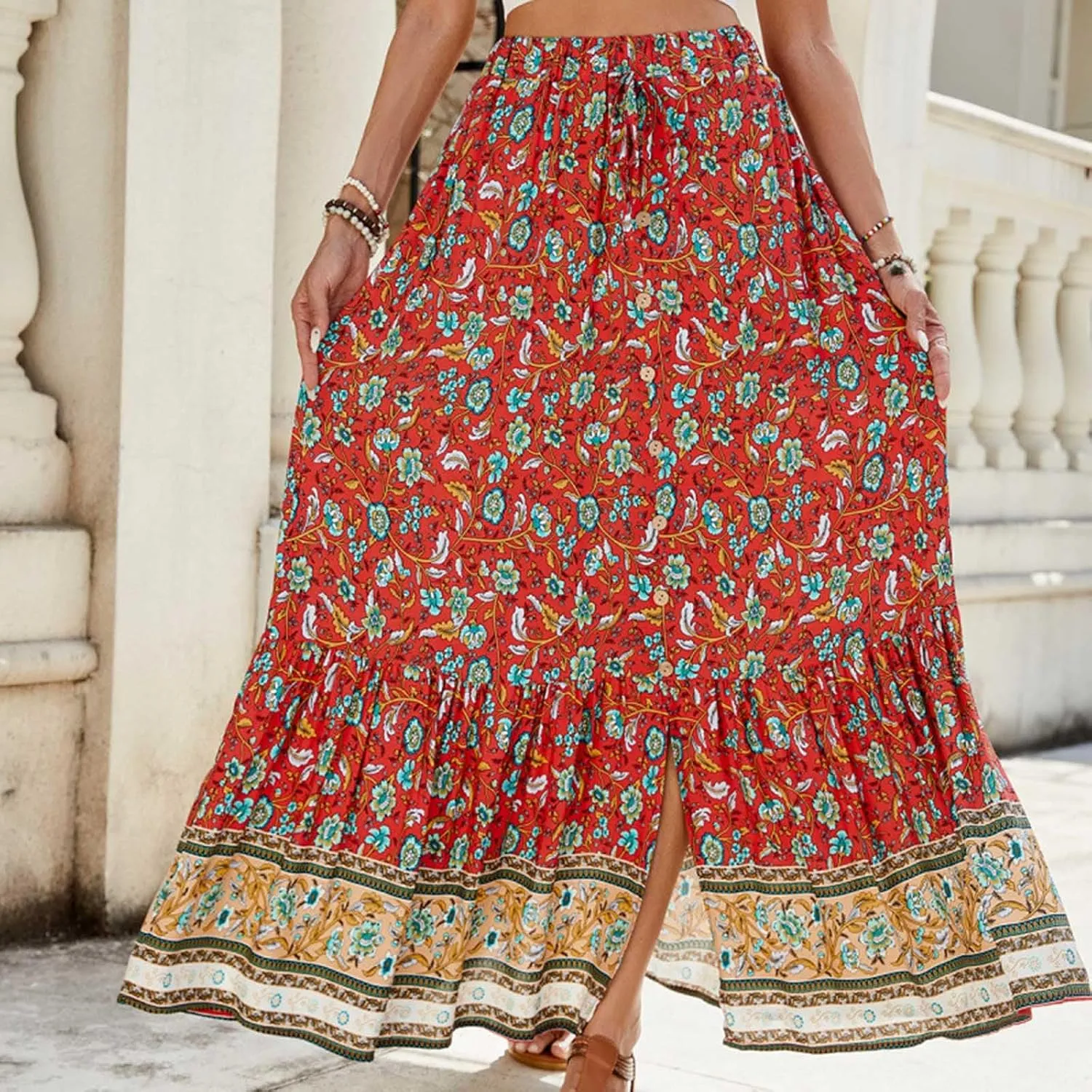 Women's Boho Long Maxi Skirt Trendy Flowy Elastic High Waist Casual Summer Beach Swing A-line Cotton Floral Skirts