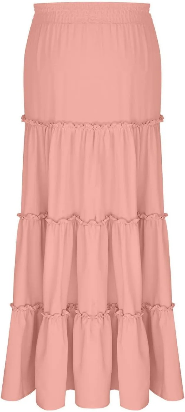 Womens Boho Maxi Skirt Summer Elastic High Waisted Swing Tiered Ruffle A-Line Skirts 2025 Fashion Beach Long Skirt