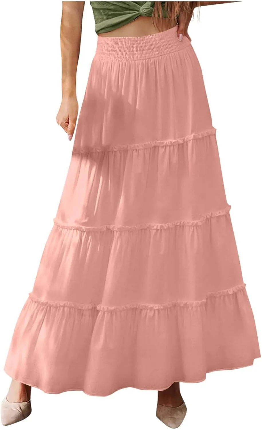 Womens Boho Maxi Skirt Summer Elastic High Waisted Swing Tiered Ruffle A-Line Skirts 2025 Fashion Beach Long Skirt