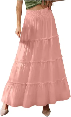 Womens Boho Maxi Skirt Summer Elastic High Waisted Swing Tiered Ruffle A-Line Skirts 2025 Fashion Beach Long Skirt