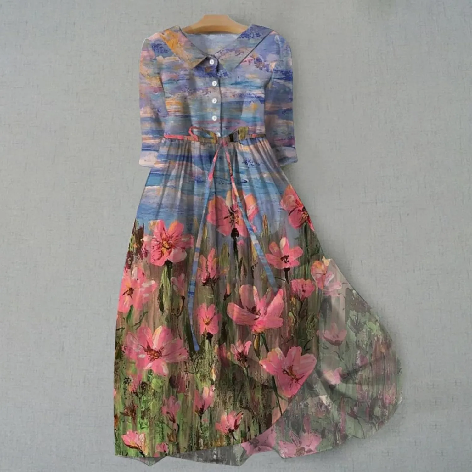 Womens Button Down Dress Floral Boho Short Sleeve Dresses Fashion Korean Style Plus Size Midi Dress