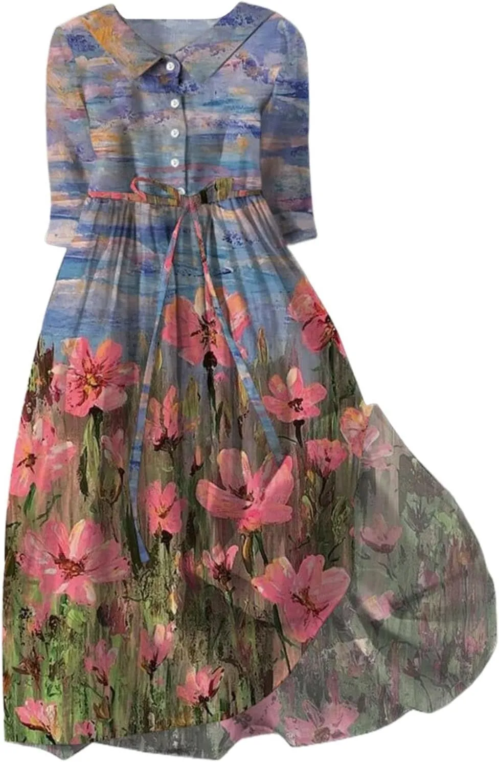 Womens Button Down Dress Floral Boho Short Sleeve Dresses Fashion Korean Style Plus Size Midi Dress