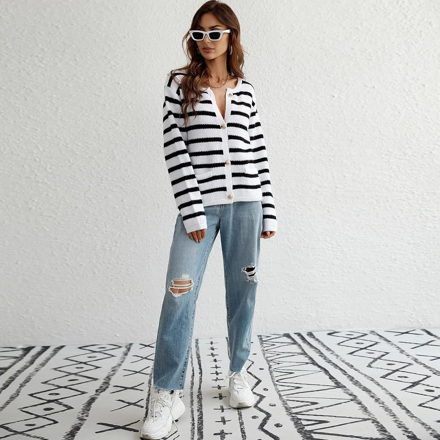 Women's Button Striped Knitted Cardigan Long Sleeve Sweater Fall Clothes Autumn and Winter Clothes