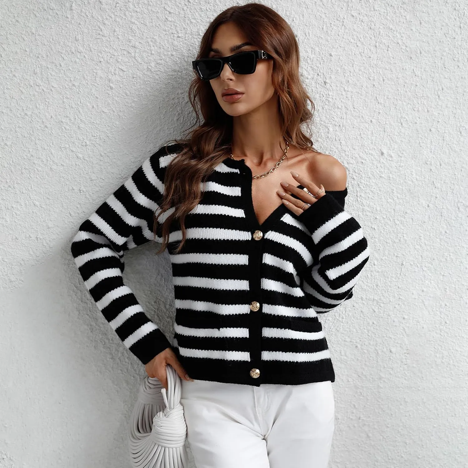 Women's Button Striped Knitted Cardigan Long Sleeve Sweater Fall Clothes Autumn and Winter Clothes