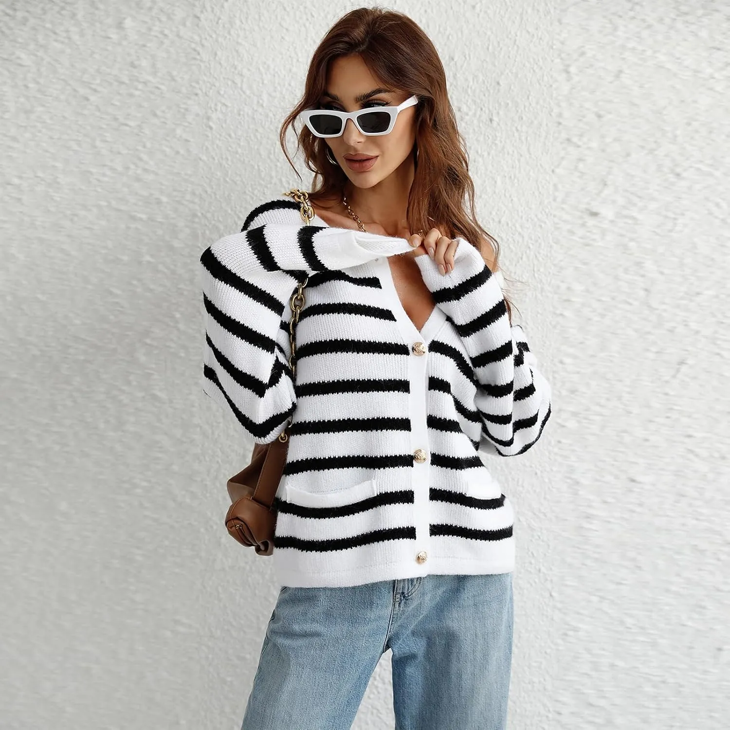 Women's Button Striped Knitted Cardigan Long Sleeve Sweater Fall Clothes Autumn and Winter Clothes