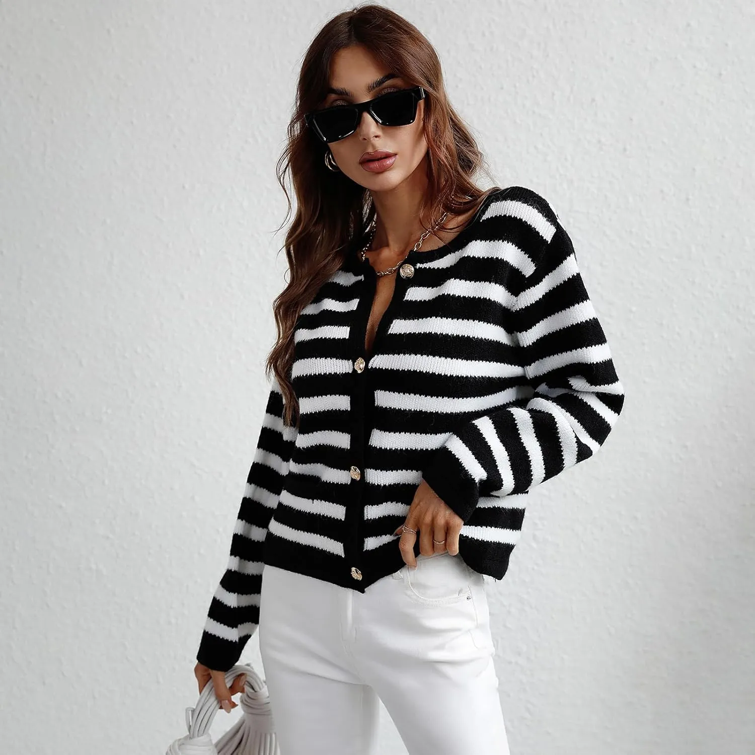 Women's Button Striped Knitted Cardigan Long Sleeve Sweater Fall Clothes Autumn and Winter Clothes