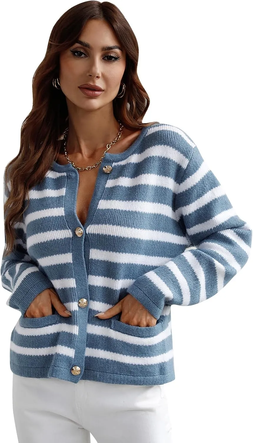 Women's Button Striped Knitted Cardigan Long Sleeve Sweater Fall Clothes Autumn and Winter Clothes