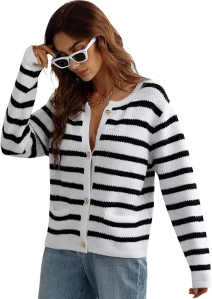 Women's Button Striped Knitted Cardigan Long Sleeve Sweater Fall Clothes Autumn and Winter Clothes