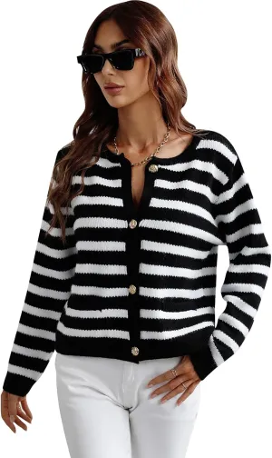Women's Button Striped Knitted Cardigan Long Sleeve Sweater Fall Clothes Autumn and Winter Clothes