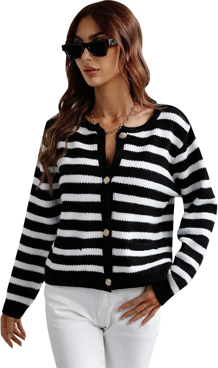Women's Button Striped Knitted Cardigan Long Sleeve Sweater Fall Clothes Autumn and Winter Clothes