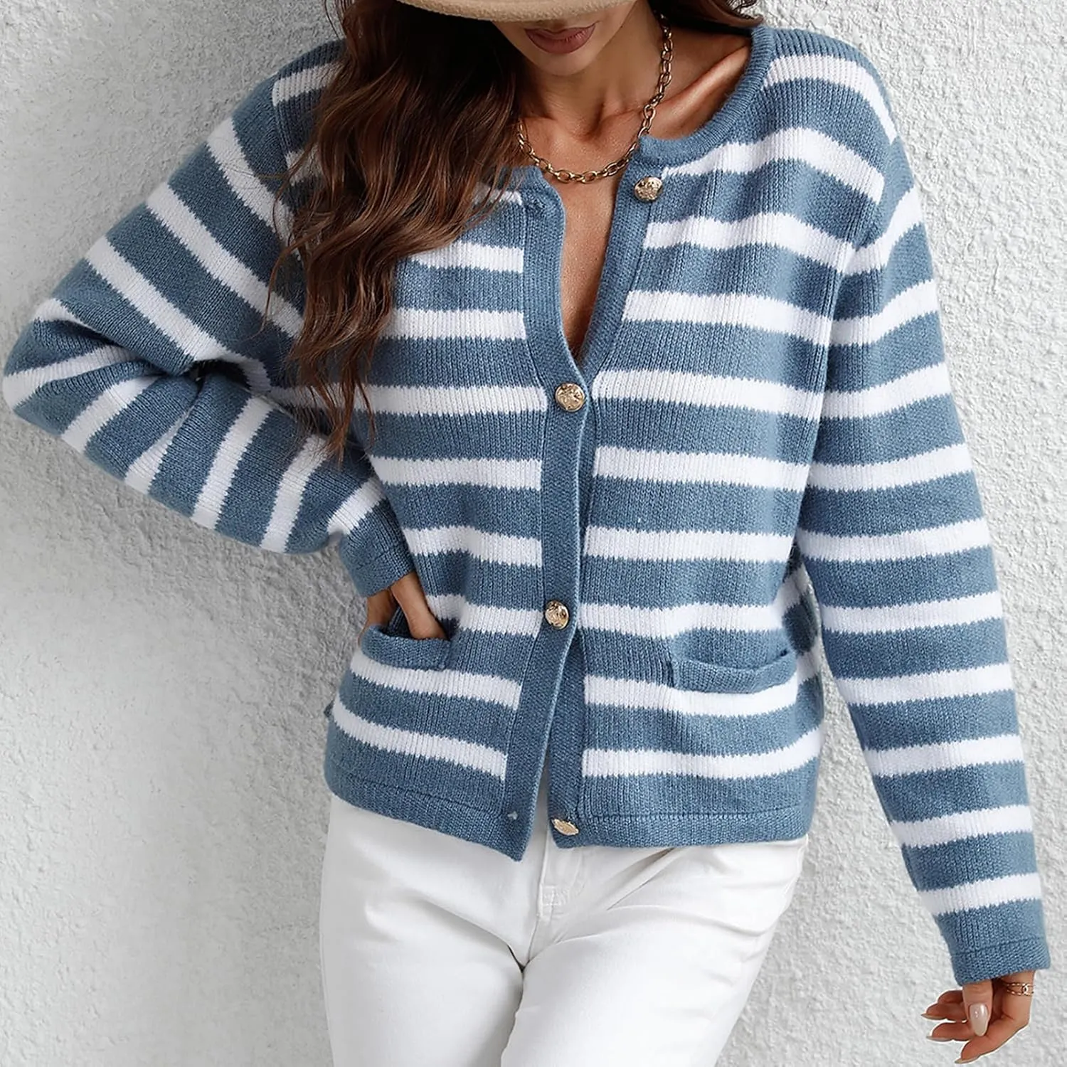 Women's Button Striped Knitted Cardigan Long Sleeve Sweater Fall Clothes Autumn and Winter Clothes