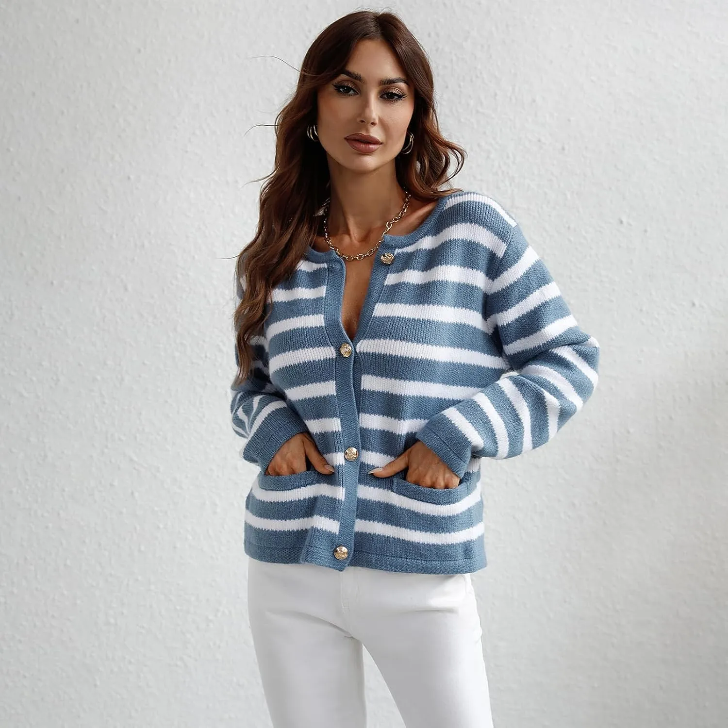 Women's Button Striped Knitted Cardigan Long Sleeve Sweater Fall Clothes Autumn and Winter Clothes