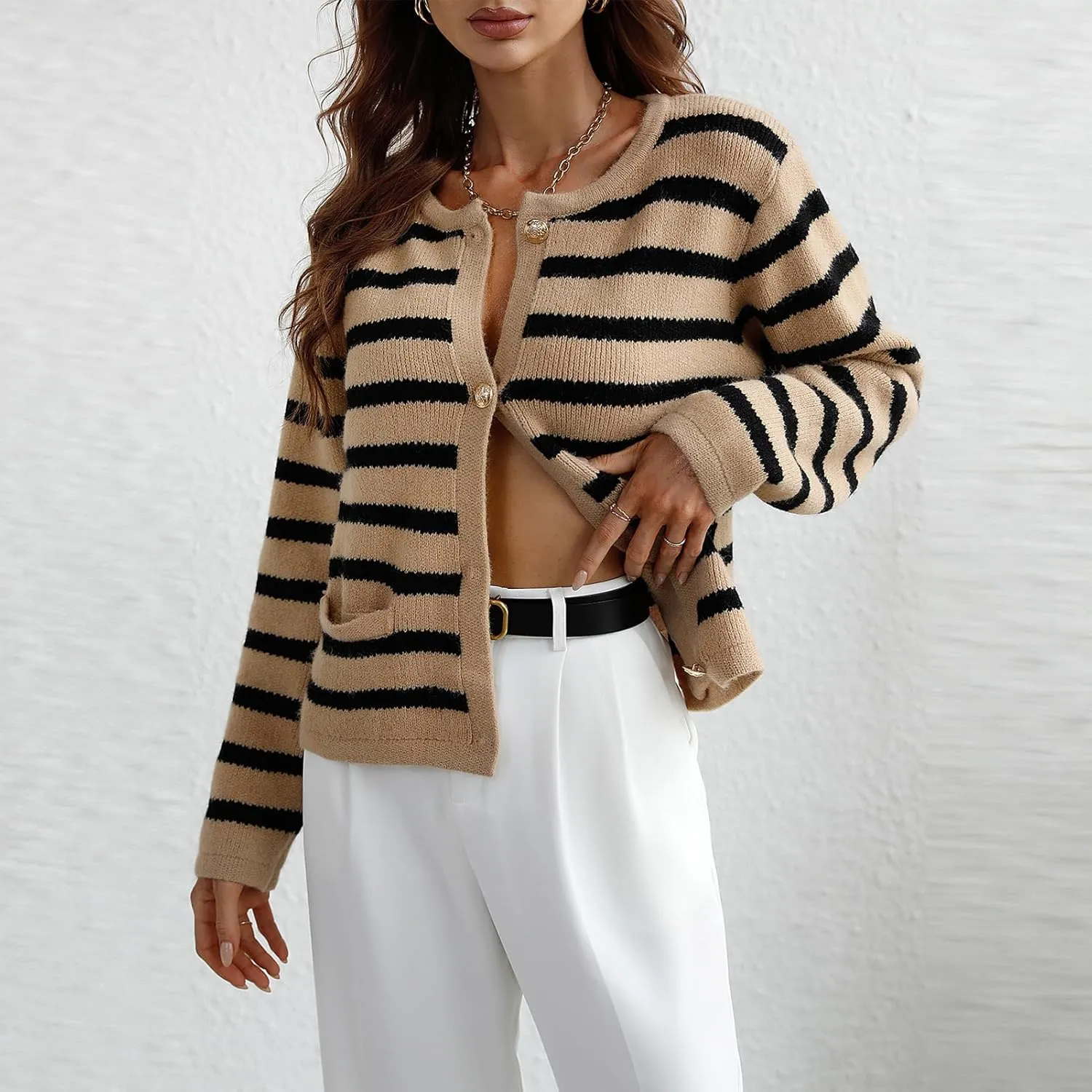 Women's Button Striped Knitted Cardigan Long Sleeve Sweater Fall Clothes Autumn and Winter Clothes