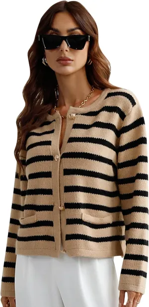Women's Button Striped Knitted Cardigan Long Sleeve Sweater Fall Clothes Autumn and Winter Clothes