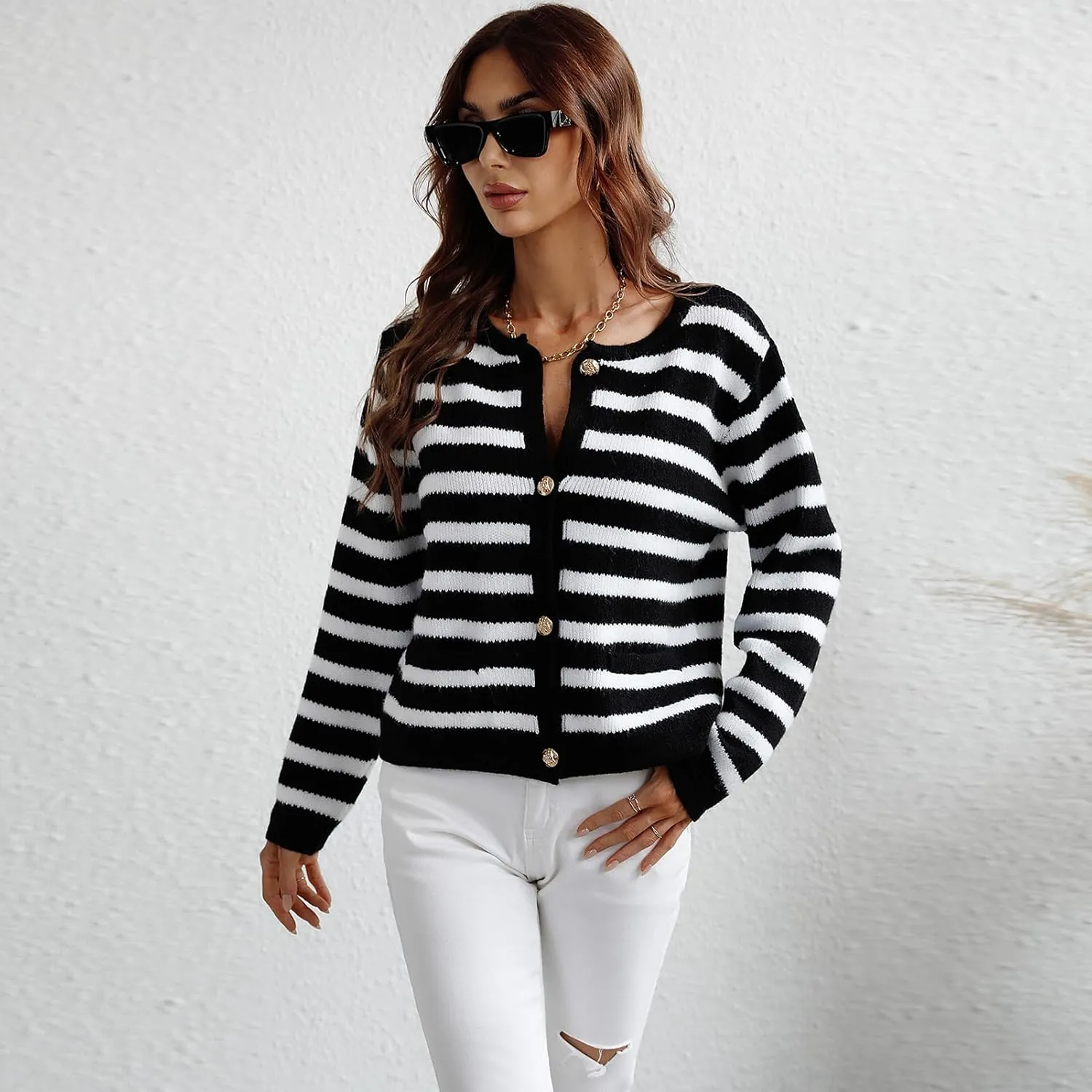 Women's Button Striped Knitted Cardigan Long Sleeve Sweater Fall Clothes Autumn and Winter Clothes
