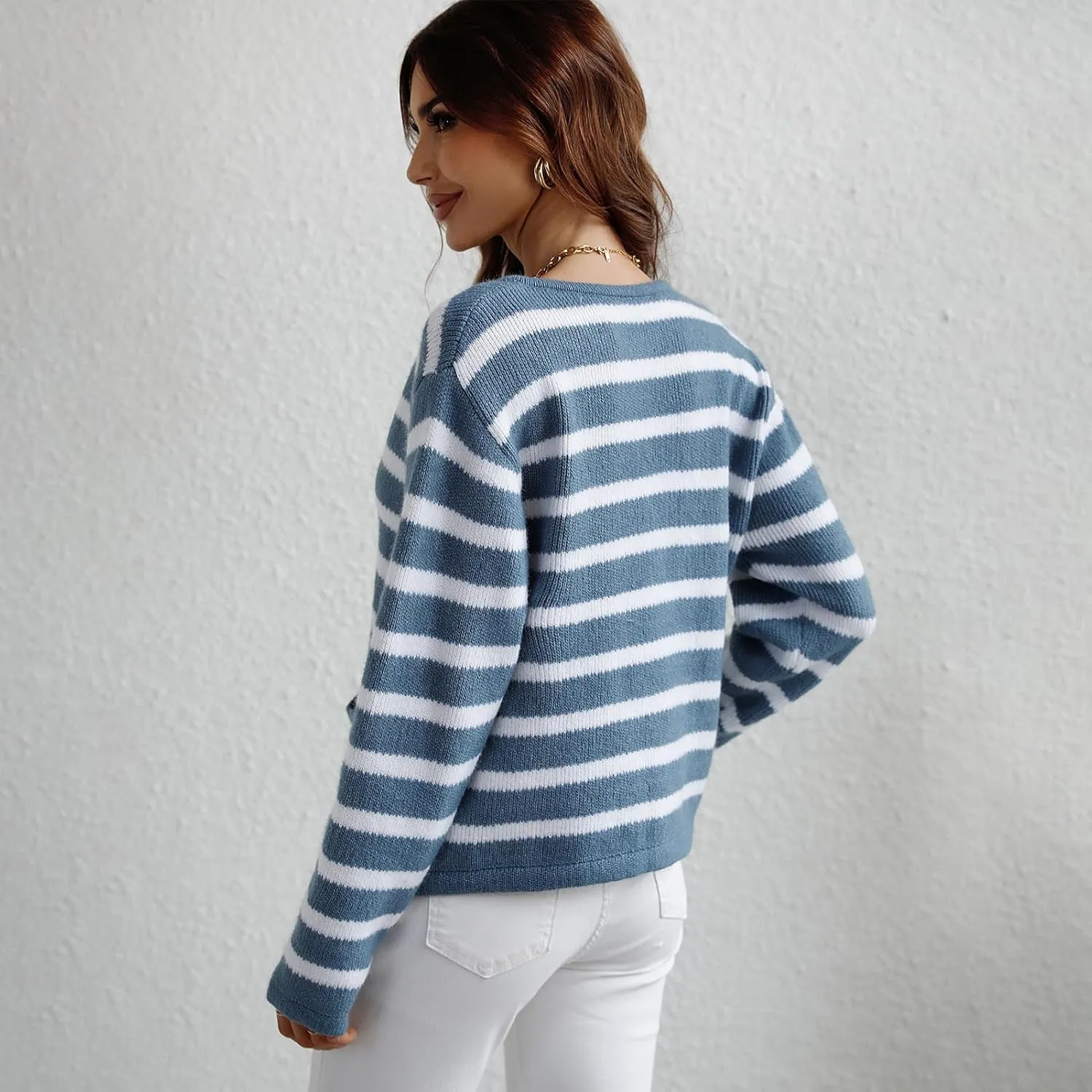 Women's Button Striped Knitted Cardigan Long Sleeve Sweater Fall Clothes Autumn and Winter Clothes