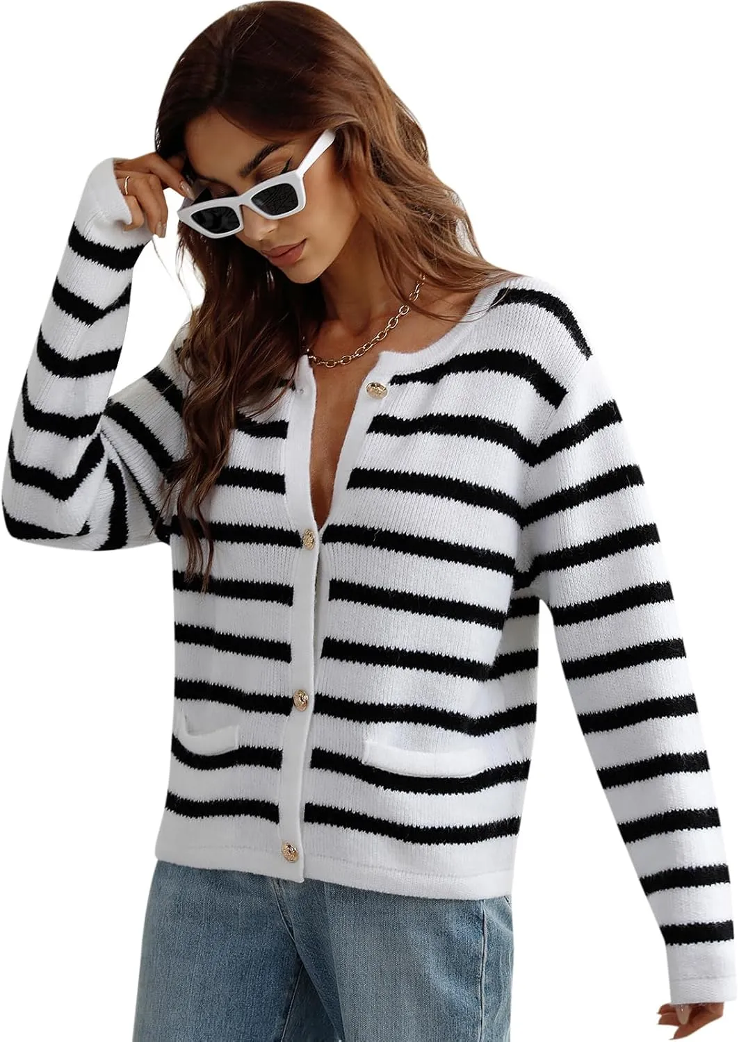 Women's Button Striped Knitted Cardigan Long Sleeve Sweater Fall Clothes Autumn and Winter Clothes