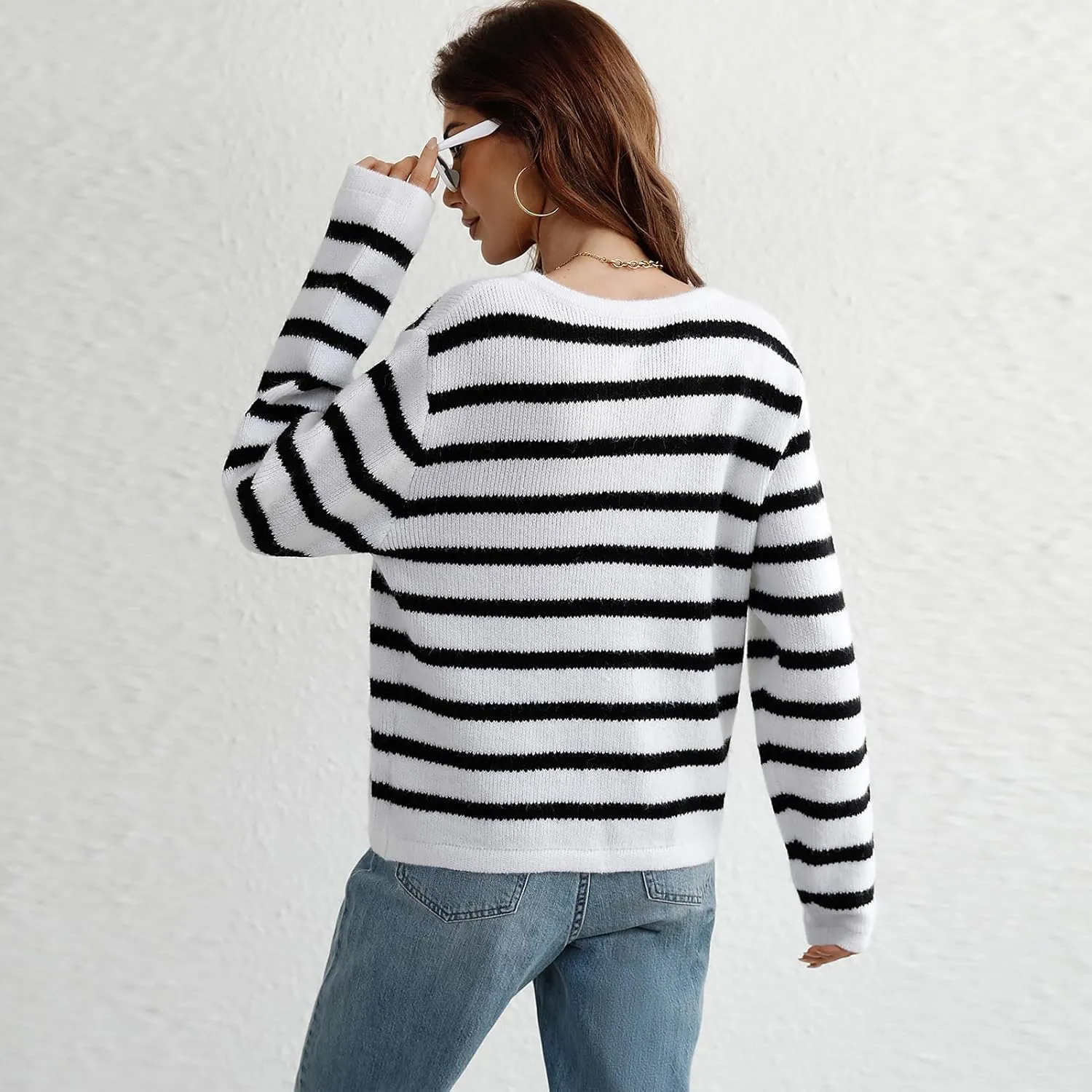 Women's Button Striped Knitted Cardigan Long Sleeve Sweater Fall Clothes Autumn and Winter Clothes