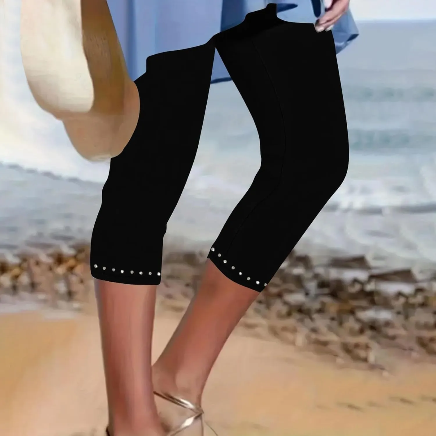 Womens Capri Leggings Summer 2025 Rhinestone Dressy Cropped High Waist Yoga Pants Workout Pants Compression Leggings