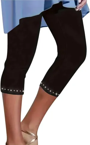 Womens Capri Leggings Summer 2025 Rhinestone Dressy Cropped High Waist Yoga Pants Workout Pants Compression Leggings