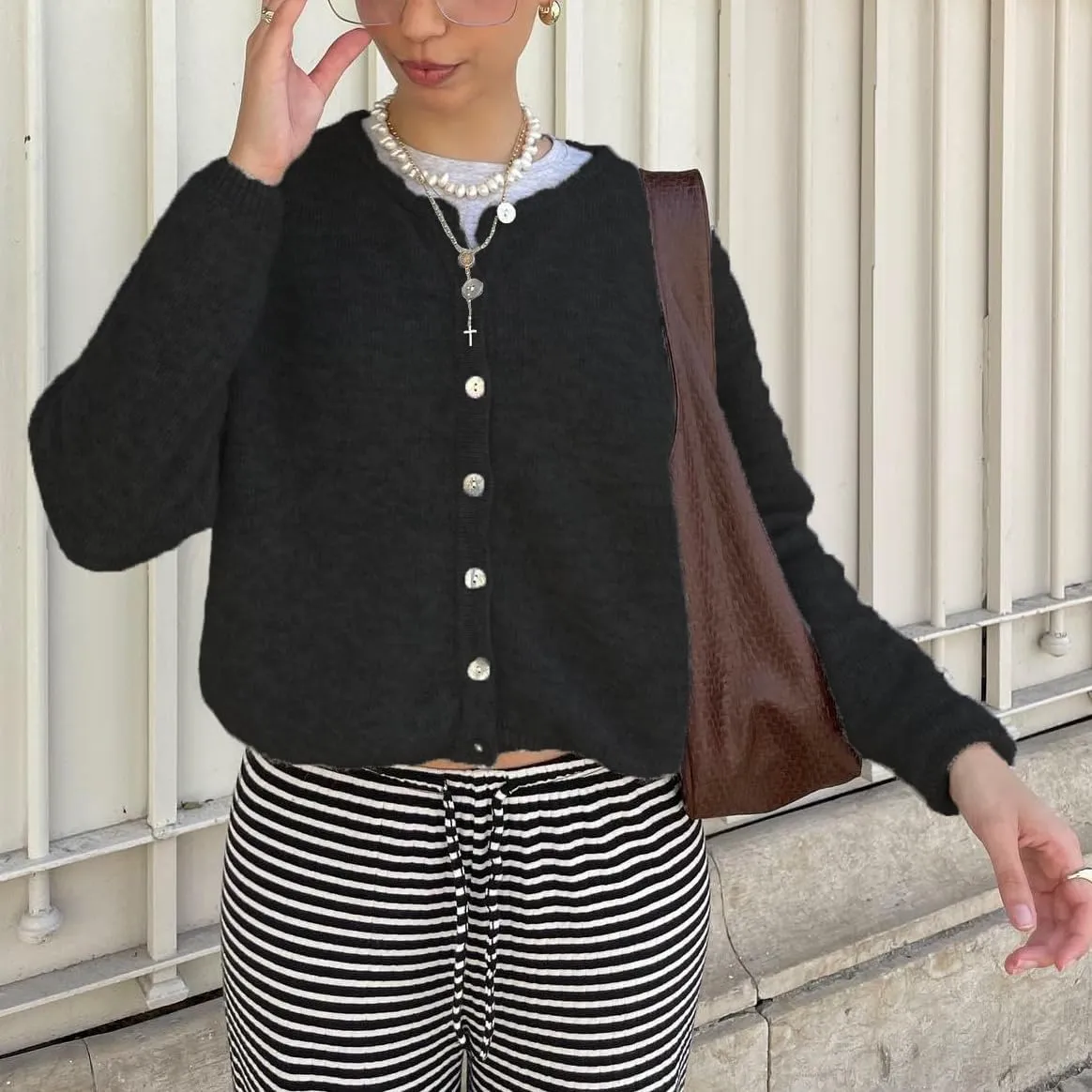 Womens Cardigan Sweaters Button Down Crew Neck Vintage Casual Knit Cardigan Lightweight Going Out Pullover Top
