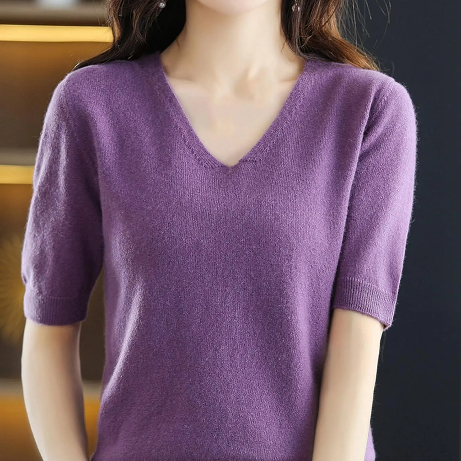 Women's Cashmere Sweater Short Sleeve V Neck Wool Base Layer Pullover Sweaters Fall Lightweight T Shirt Tops