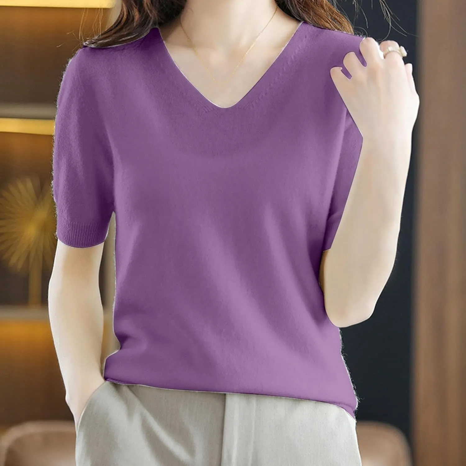 Women's Cashmere Sweater Short Sleeve V Neck Wool Base Layer Pullover Sweaters Fall Lightweight T Shirt Tops
