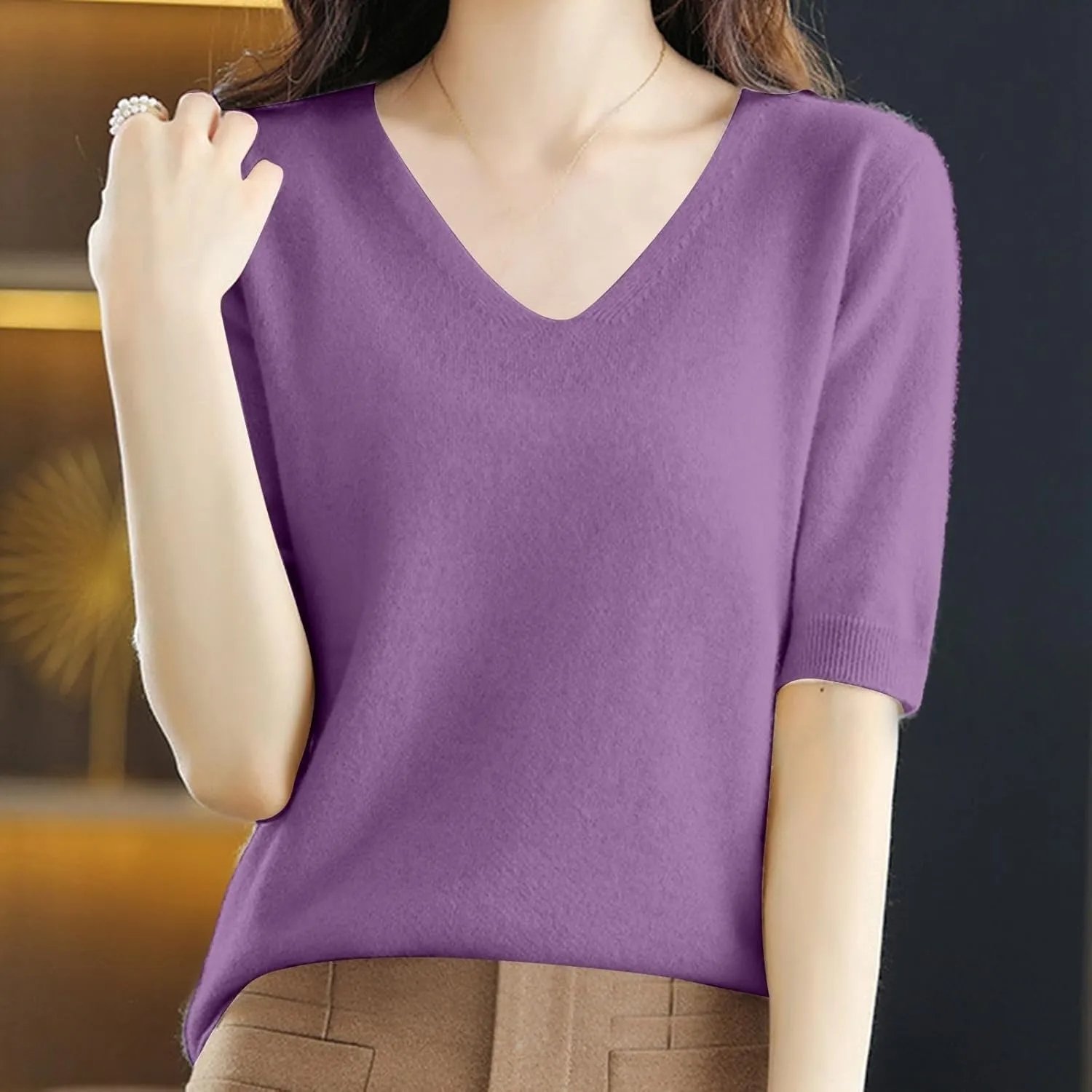 Women's Cashmere Sweater Short Sleeve V Neck Wool Base Layer Pullover Sweaters Fall Lightweight T Shirt Tops