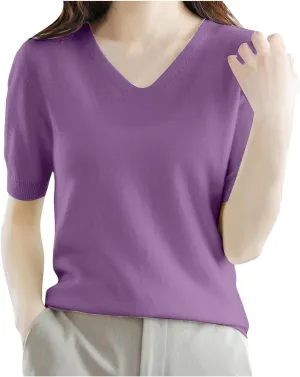 Women's Cashmere Sweater Short Sleeve V Neck Wool Base Layer Pullover Sweaters Fall Lightweight T Shirt Tops