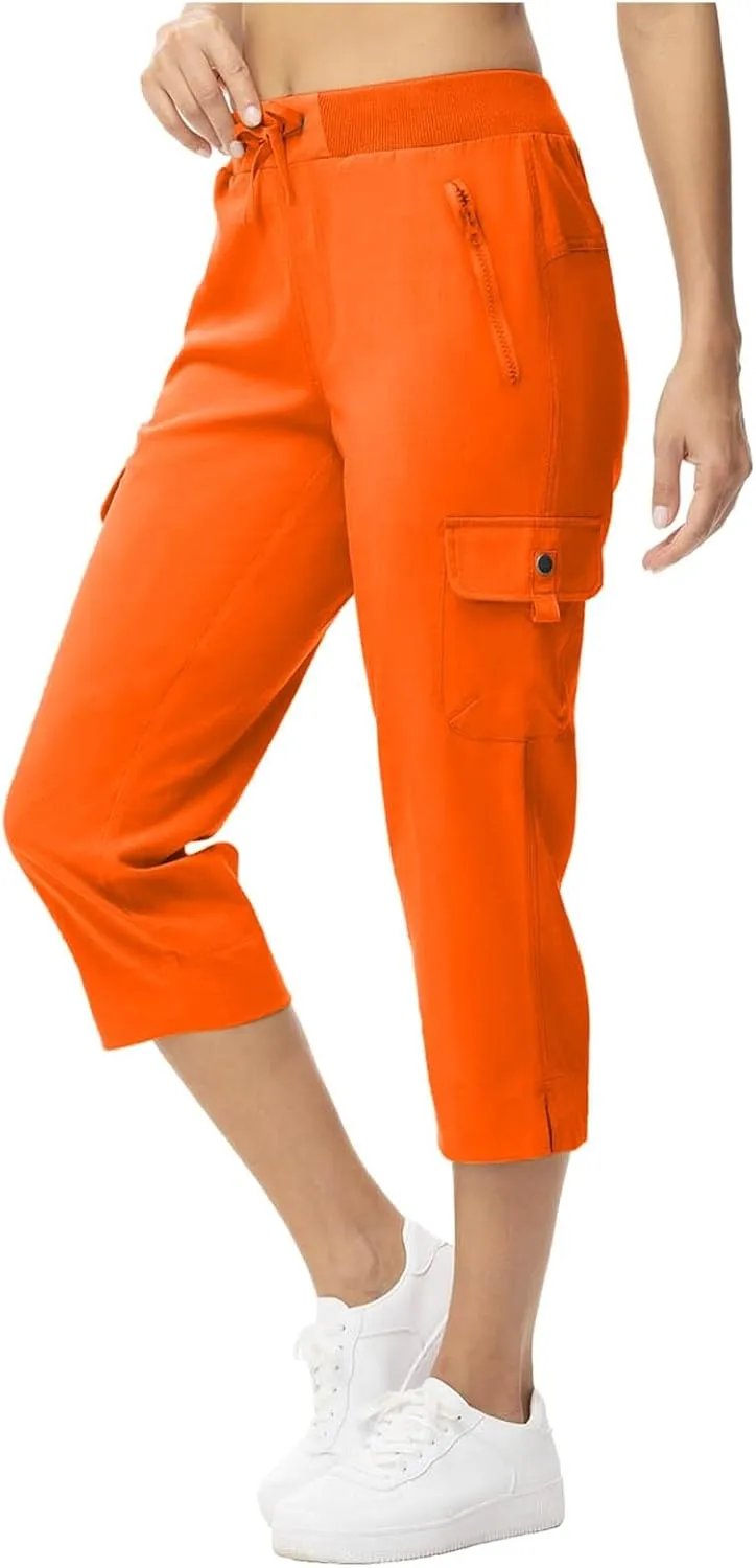Women's Casual Capri Pants High Waisted Cargo Pants Relaxed Fit Straight Leg Workout Trousers with Pocket Plus Size