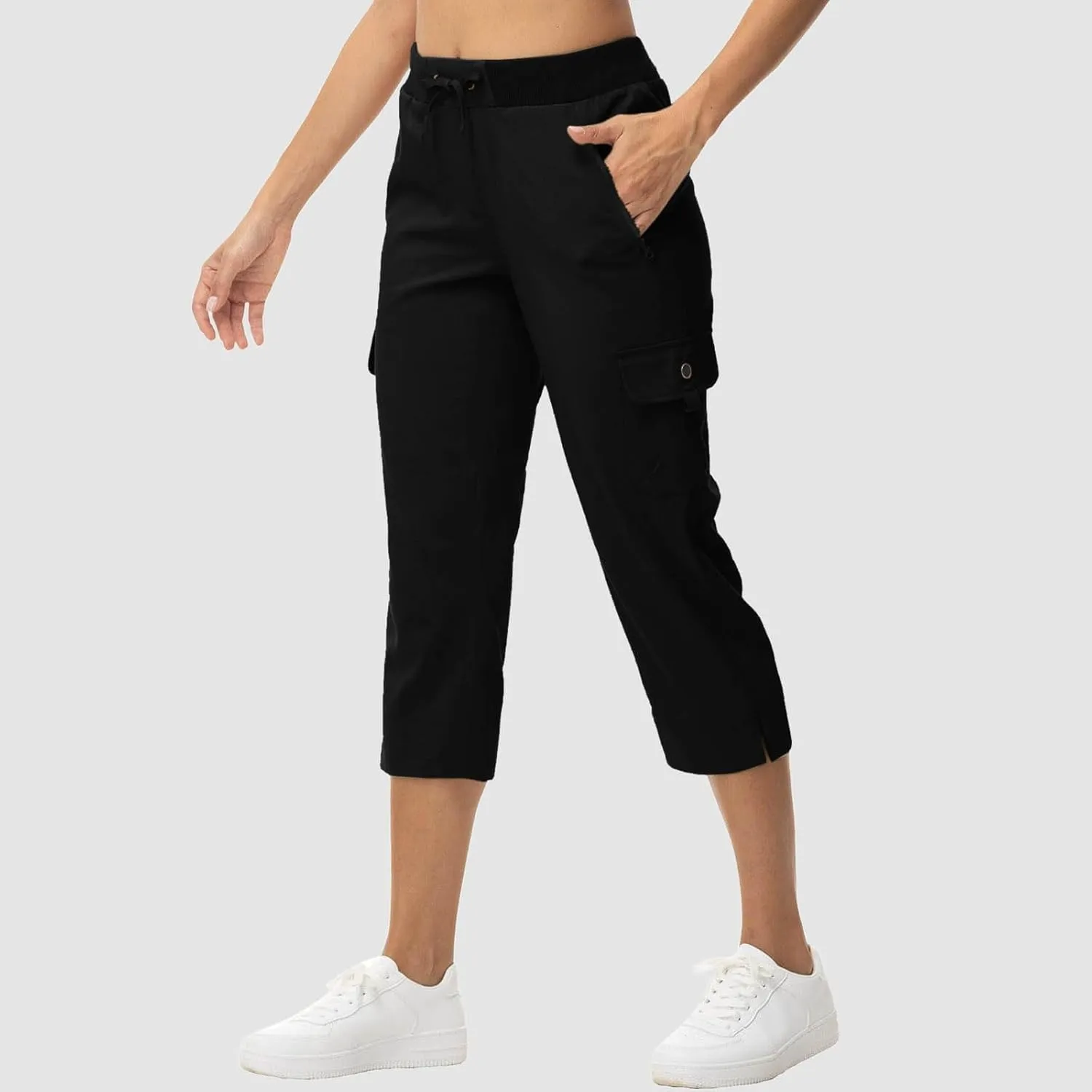 Women's Casual Capri Pants High Waisted Cargo Pants Relaxed Fit Straight Leg Workout Trousers with Pocket Plus Size