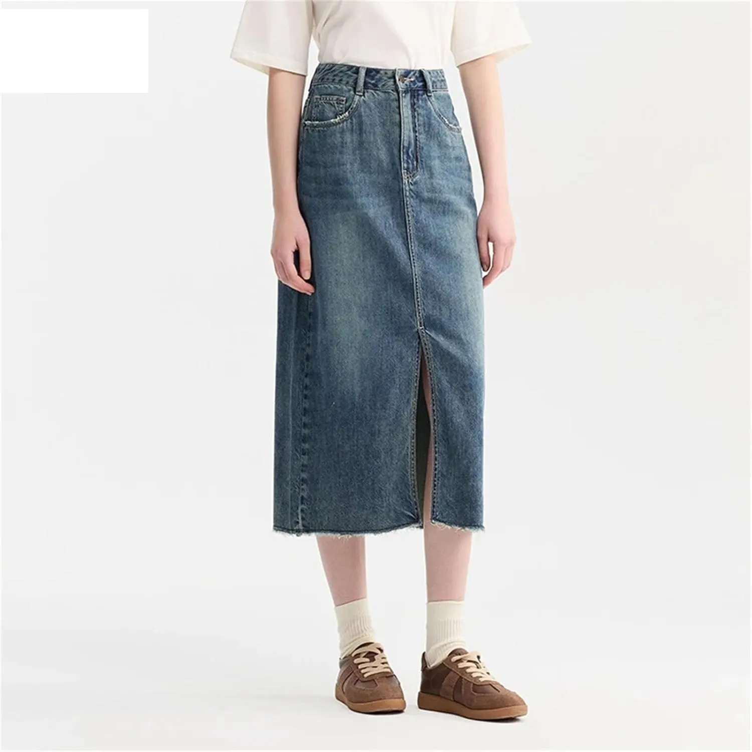 Women's Casual Elastic Waist Pockets Work Midi Denim A Line Skirt High Slit Straight Cut Skirts