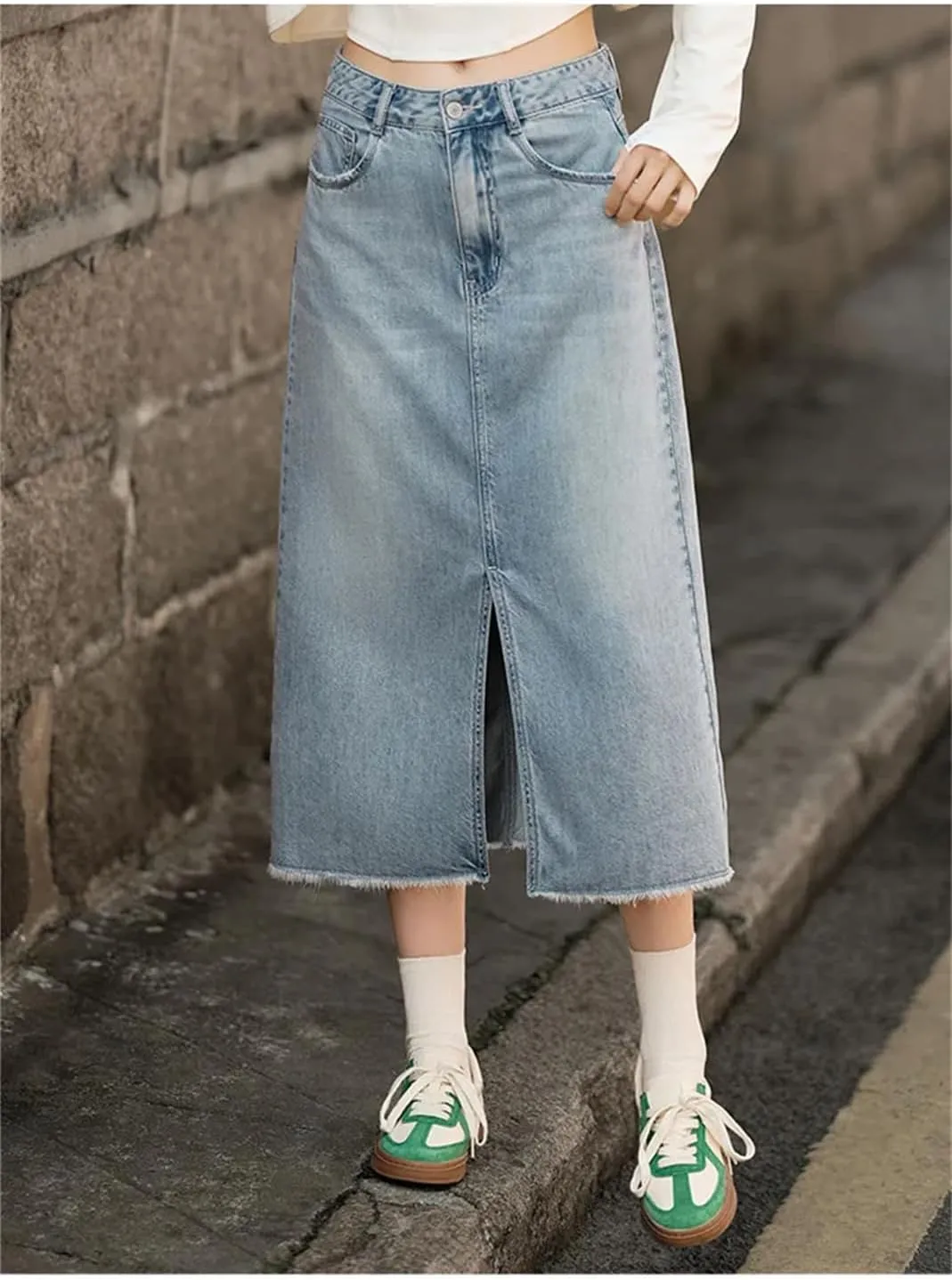 Women's Casual Elastic Waist Pockets Work Midi Denim A Line Skirt High Slit Straight Cut Skirts
