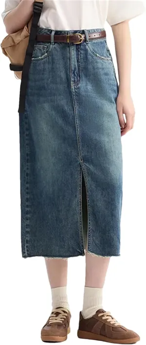 Women's Casual Elastic Waist Pockets Work Midi Denim A Line Skirt High Slit Straight Cut Skirts