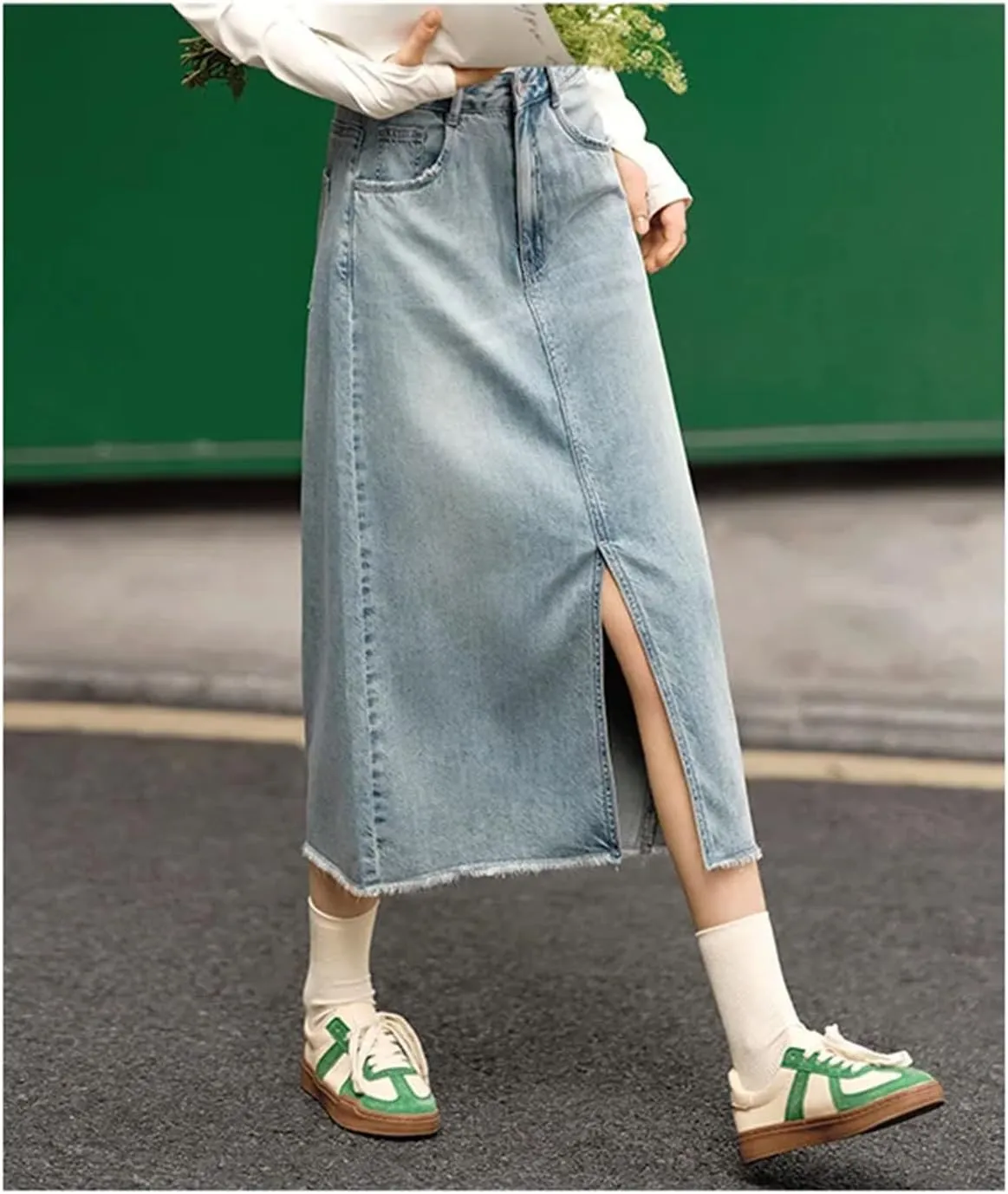 Women's Casual Elastic Waist Pockets Work Midi Denim A Line Skirt High Slit Straight Cut Skirts