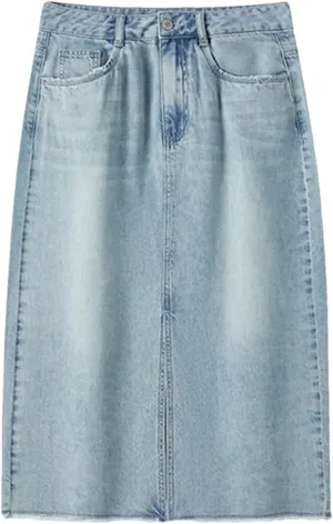 Women's Casual Elastic Waist Pockets Work Midi Denim A Line Skirt High Slit Straight Cut Skirts