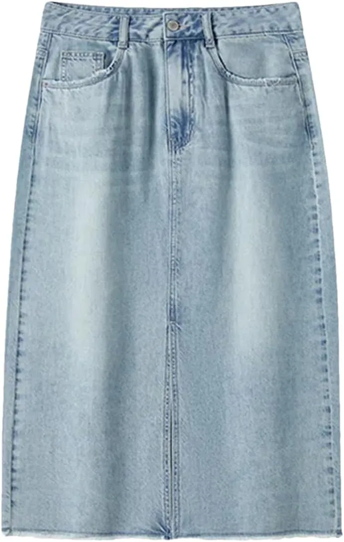 Women's Casual Elastic Waist Pockets Work Midi Denim A Line Skirt High Slit Straight Cut Skirts