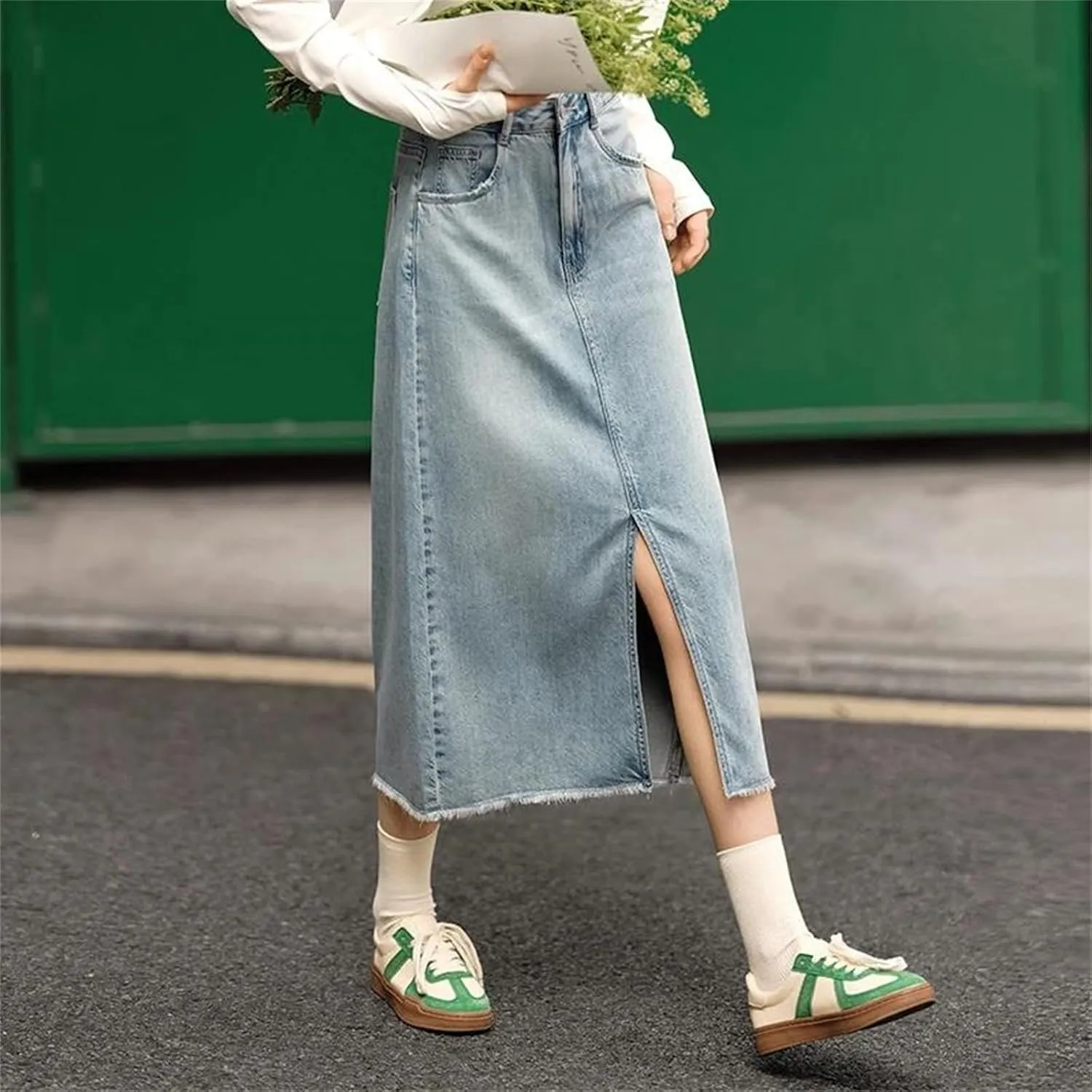 Women's Casual Elastic Waist Pockets Work Midi Denim A Line Skirt High Slit Straight Cut Skirts