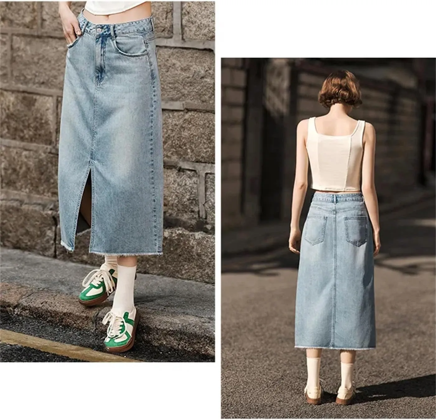Women's Casual Elastic Waist Pockets Work Midi Denim A Line Skirt High Slit Straight Cut Skirts