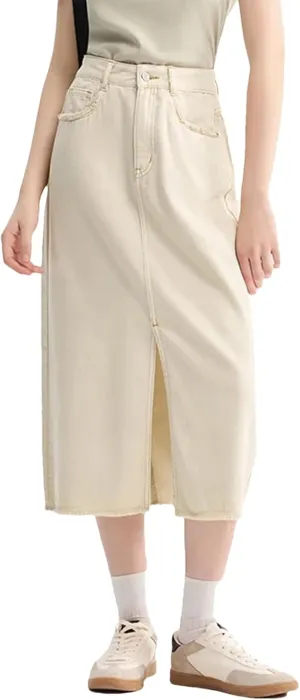 Women's Casual Elastic Waist Pockets Work Midi Denim A Line Skirt High Slit Straight Cut Skirts