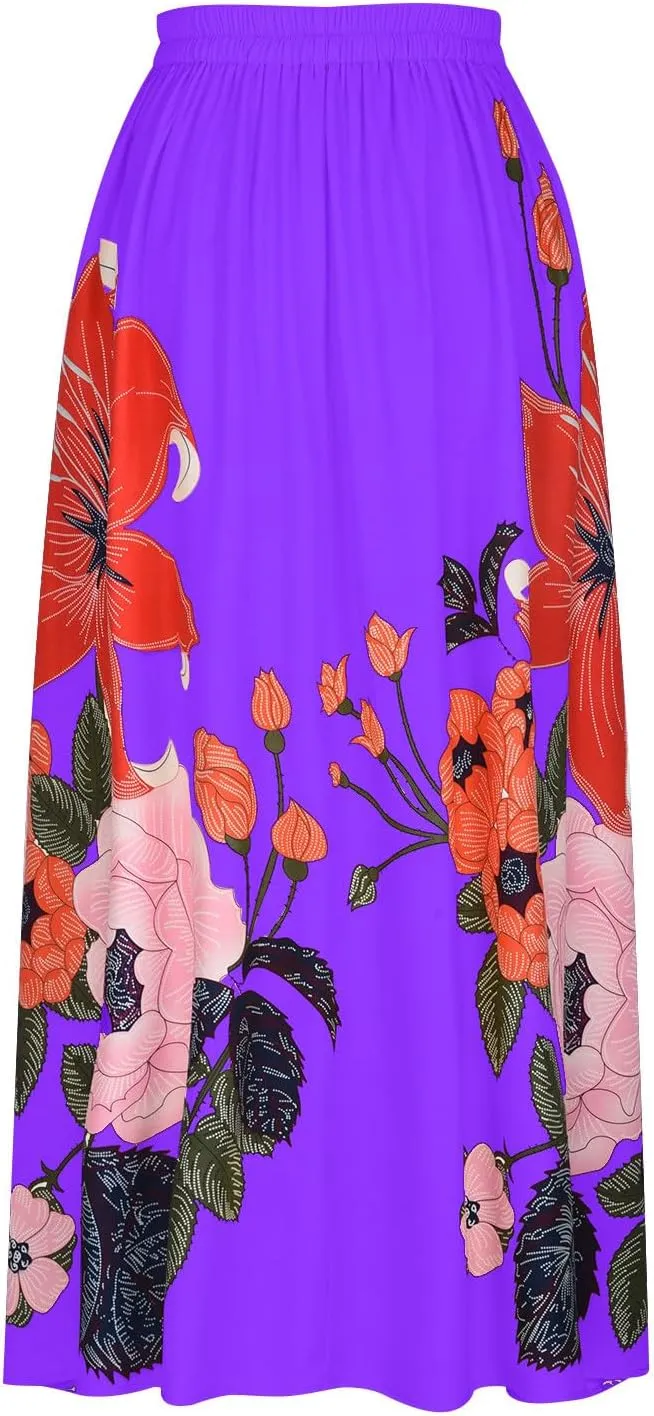Womens Casual High Waist Skirts Vintage Boho Floral Print Loose Fit Pleated Swing Flowy Long Maxi Skirt with Pockets