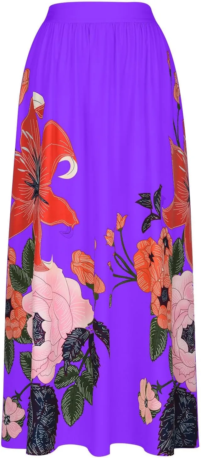 Womens Casual High Waist Skirts Vintage Boho Floral Print Loose Fit Pleated Swing Flowy Long Maxi Skirt with Pockets