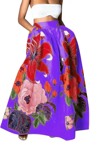 Womens Casual High Waist Skirts Vintage Boho Floral Print Loose Fit Pleated Swing Flowy Long Maxi Skirt with Pockets