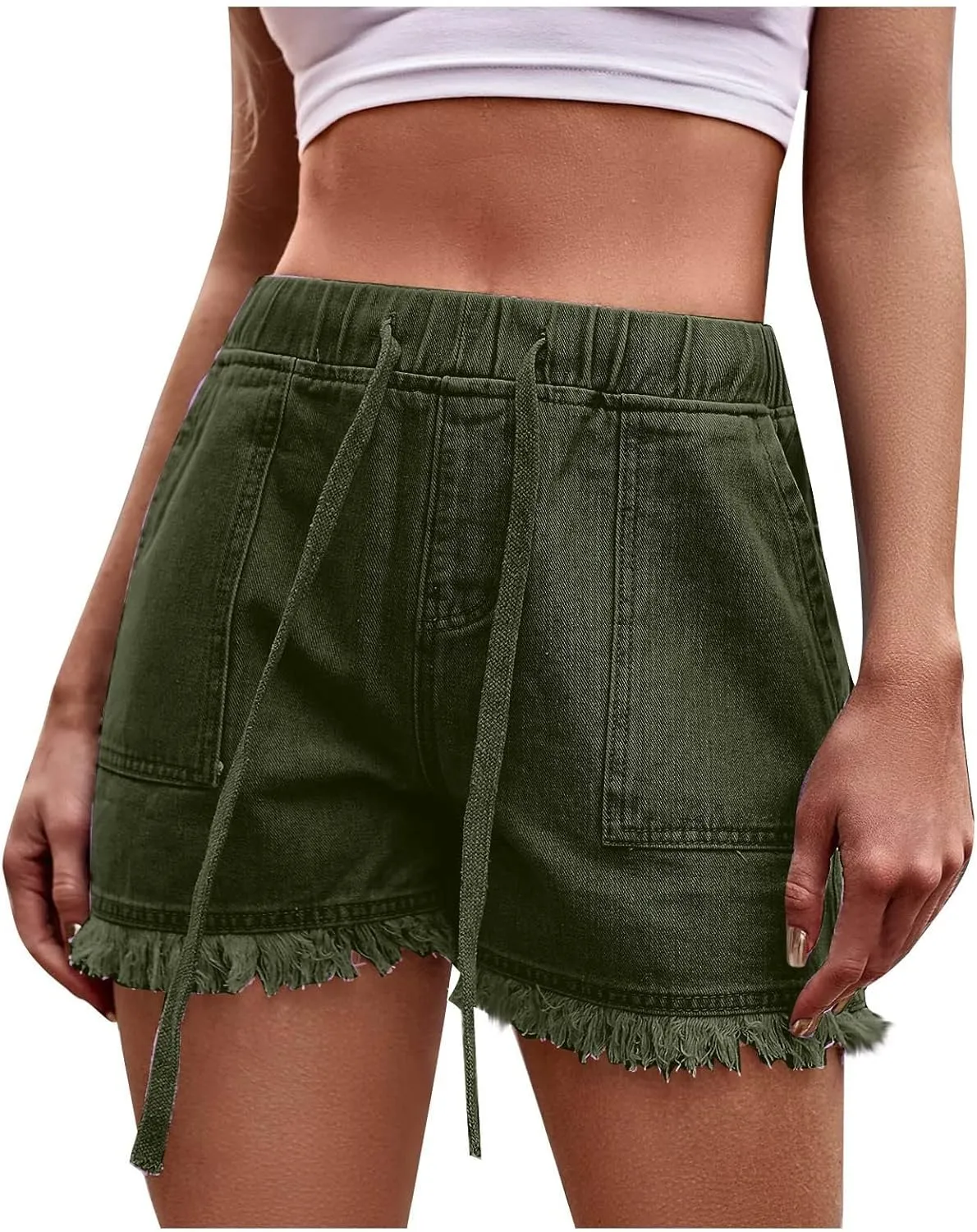 Womens Casual Jean Shorts Dressy Elastic Drawstring High Waisted Jean Shorts Ladies Cute Tassel Outside Wear Shorts